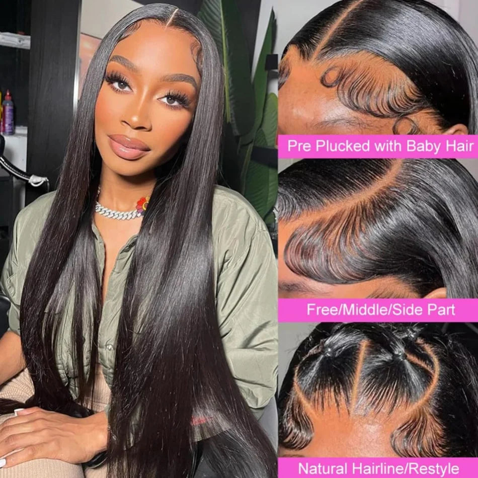 Straight Hd Lace Wig 13X6 Human Hair 40 Inch Lace Front Wig 13X4 Lace Frontal Wig 250 Density Brazilian Hair Natural Black Color
