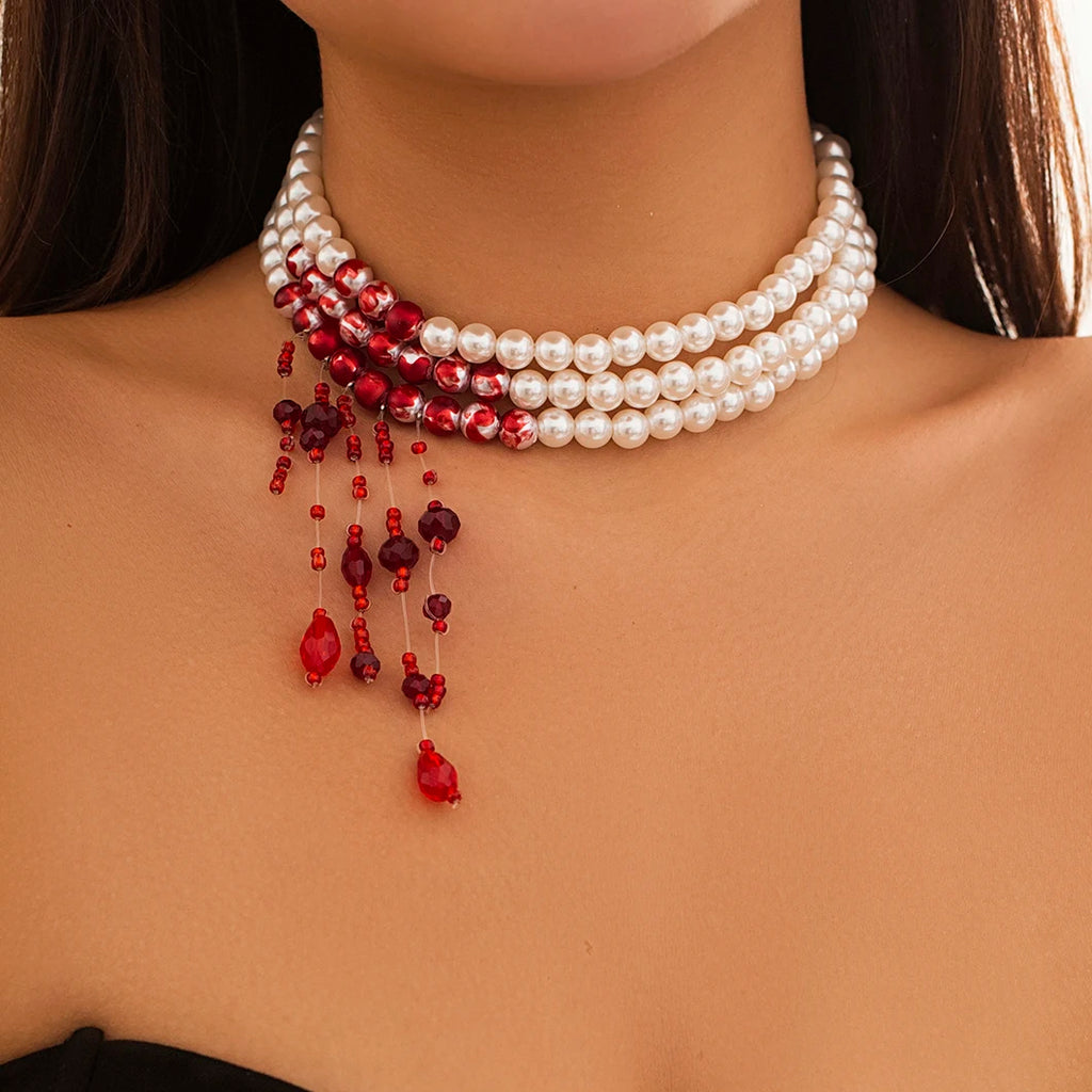 Multilayer Vintage Red Blood Pattern Imitation Pearl Tassel Pendant Necklace for Women Goth Crystal Bead Chain Halloween Jewelry