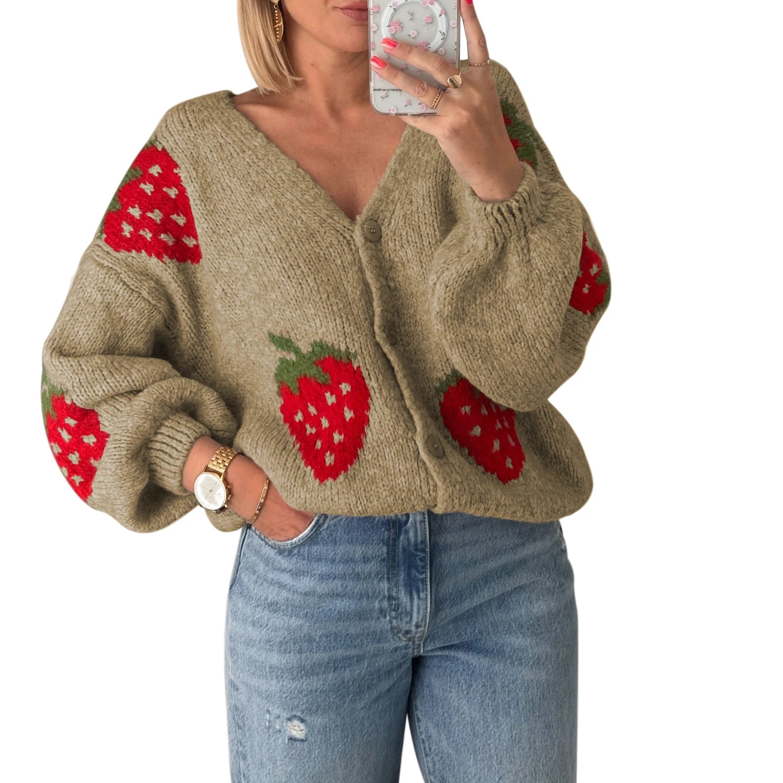 Women's Strawberry Knitted Cardigan – Button Closure Long Sleeve Fall Sweater Jacket