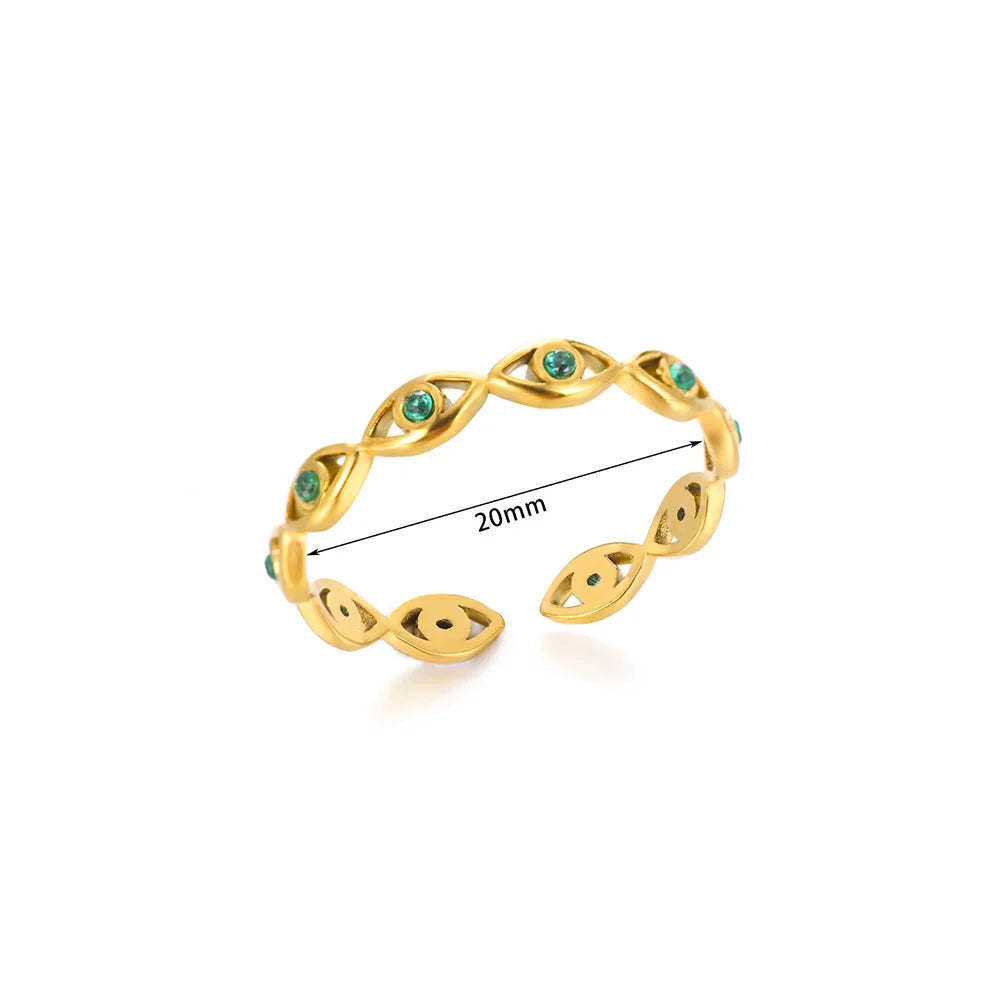 Green Cubic Zirconic Evil Eye Rings For Women Stainless Steel Gold Color Open Adjsutable Finger Ring Fashion Jewelry Gift