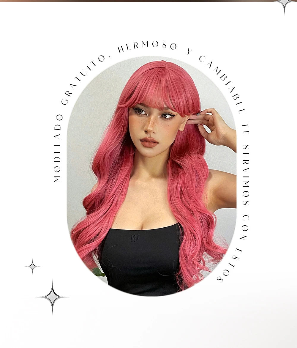 LOUIS FERRE Long Wavy Pink Synthetic Wigs with Bangs for Women Hot Pink Curly Heat Resistant Hair Wig for Cosplay Halloween Use