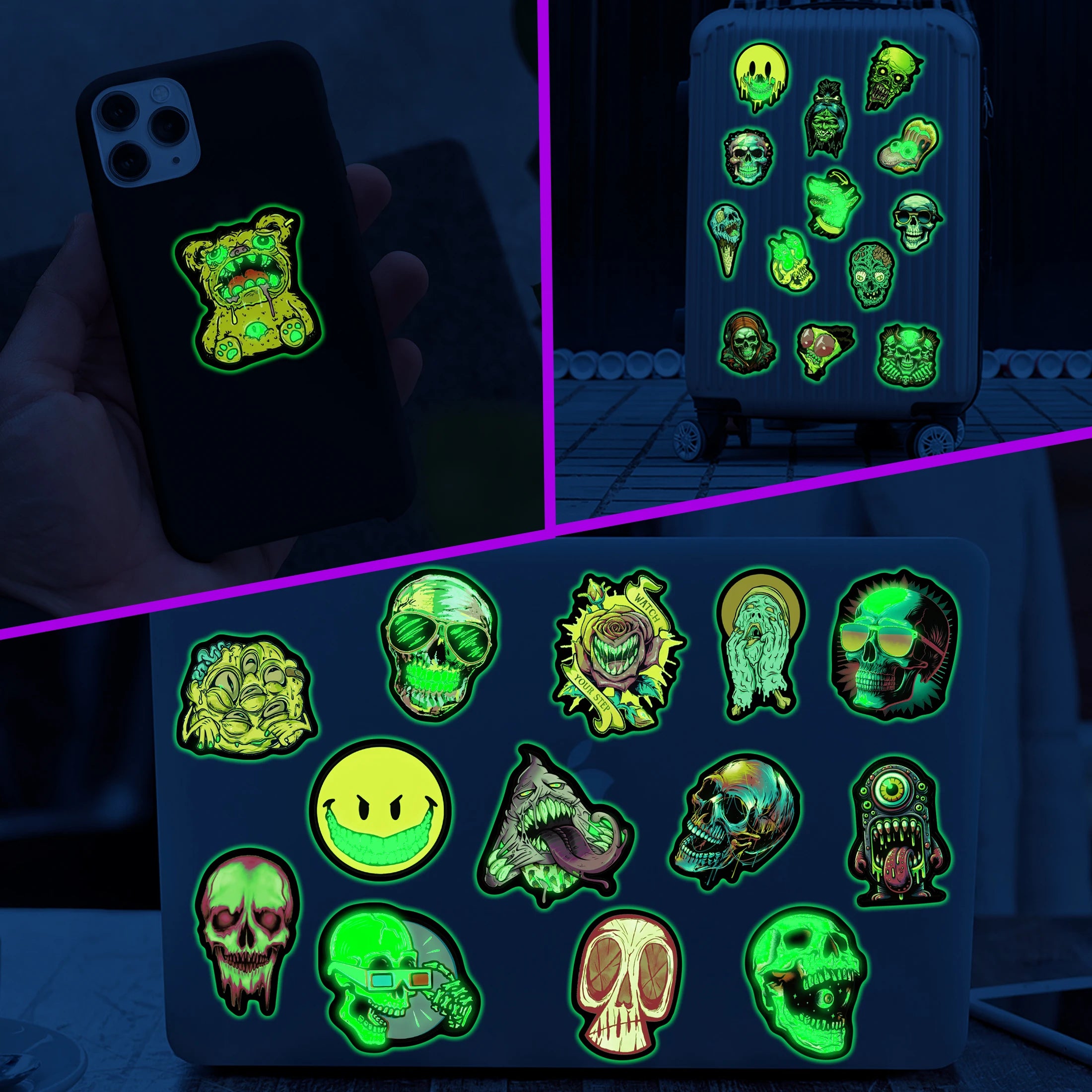 Glow in the Dark Skull Stickers | 52pcs Horror Luminous Waterproof Decals | Water Bottle, Wall Art & Home Decor