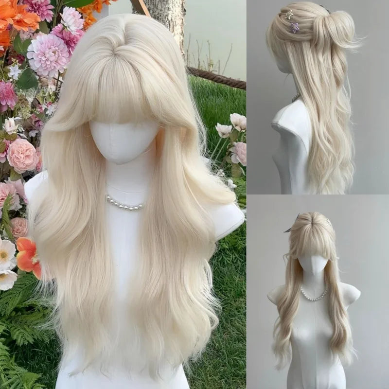 Ashely Wig White Blonde Wig for Women Long Wavy Hair Heat-resistant White Wisg with Bangs Lolita Synthetic Wigs 가발