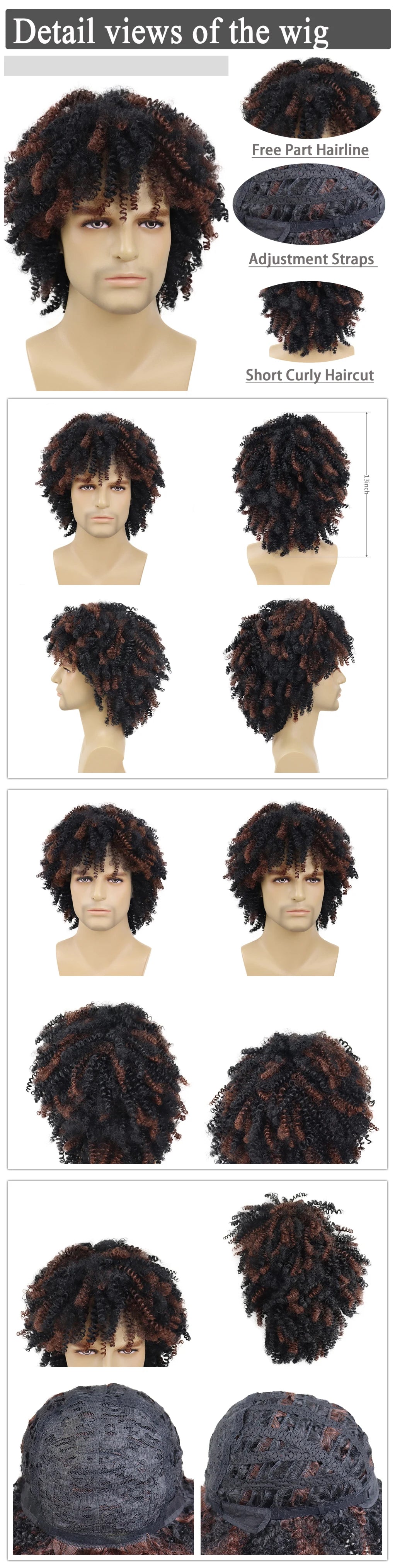 Synthetic Big Curly Wigs for Men Black Mixed Brown African Elastic Curls Hair Short Afro Wig Daily Breathable Man Wig Braided