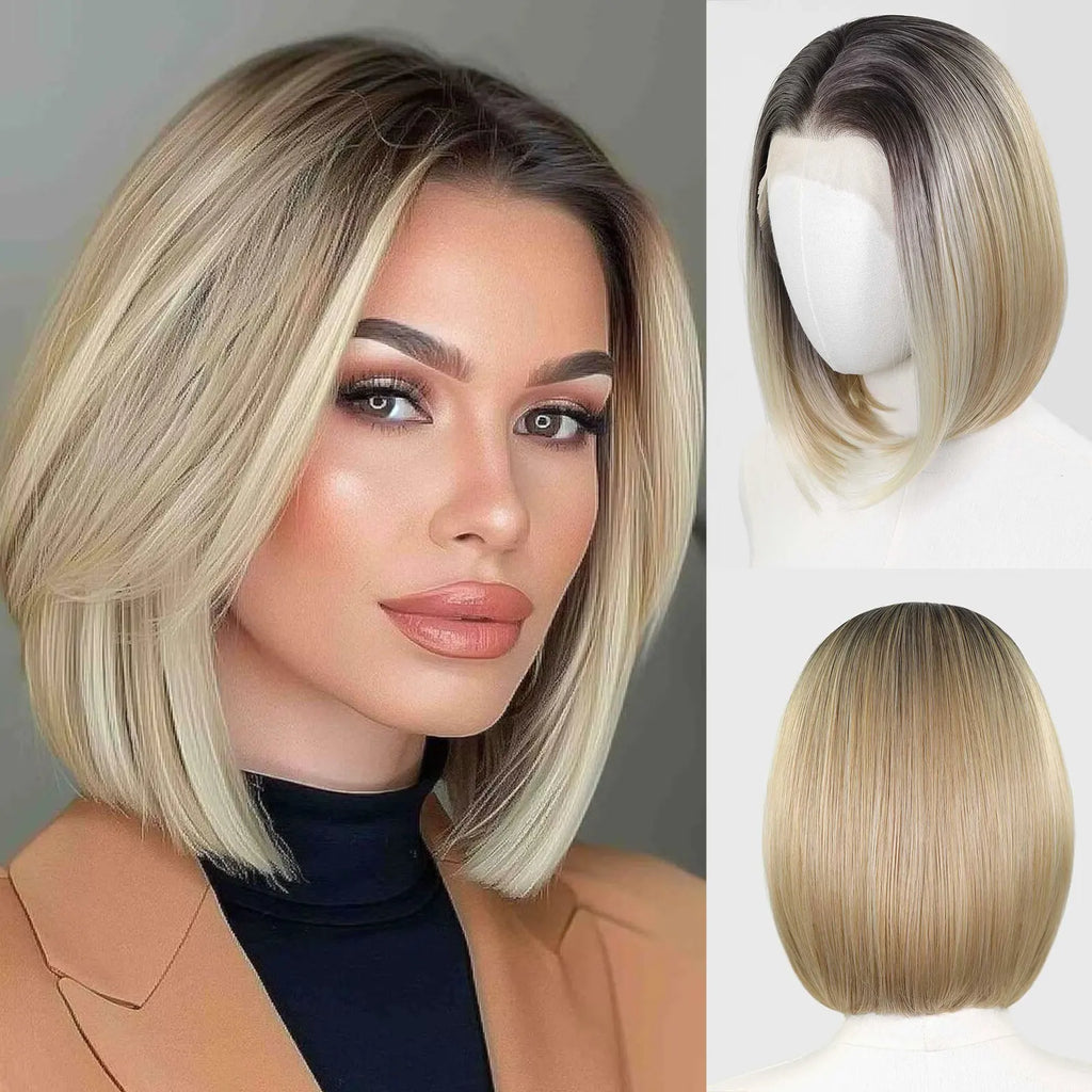 Ombre Blonde Highlight Short Bob Wigs Dark Roots Synthetic 13x4 Lace Front Brown Blonde Wig For Women Daily Use 150Density 12"