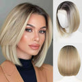 Ombre Blonde Highlight Short Bob Wigs Dark Roots Synthetic 13x4 Lace Front Brown Blonde Wig For Women Daily Use 150Density 12"