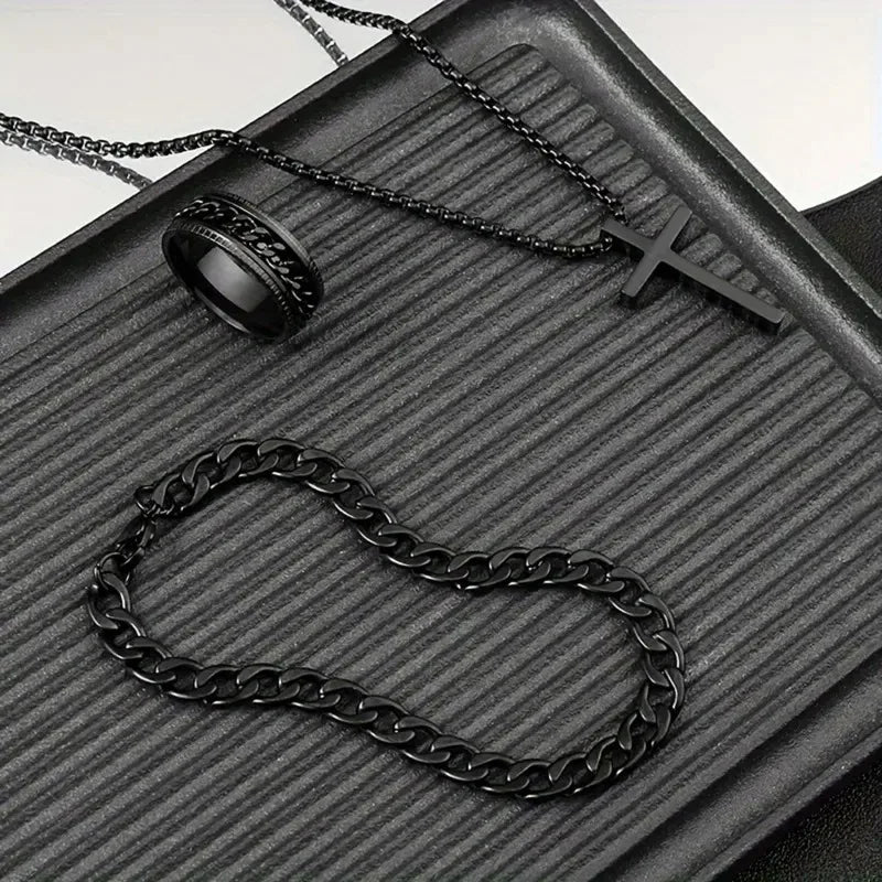 Hip Hop Fashion Cross Pendant Necklace Bracelet Chain Ring Men's Set Simple Personality Party Three Piece Jewelry Accessories