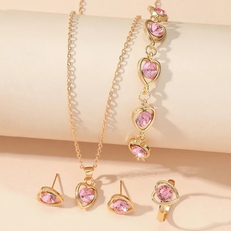 Gold Heart Shaped Jewelry Set – 5-Piece Rhinestone Double Heart Ring, Earrings & Necklace for Women