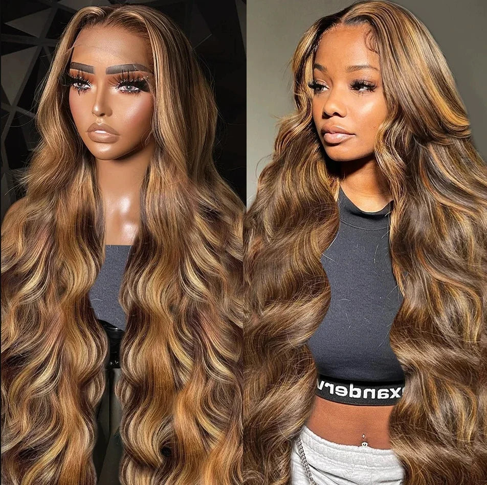 Highlight Body Wave 13x6 Lace Frontal Wig For Women 4/27 Brown Colored 13x4 Transparent Lace Front Human Hair Wig Pre Plucked