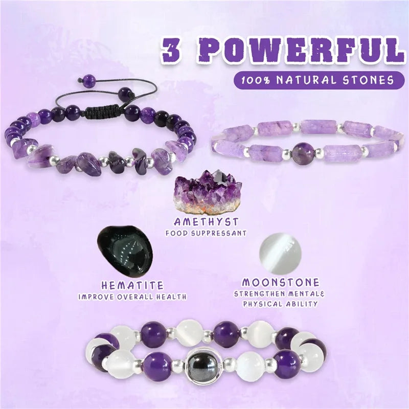 3pcs/Set Body-Purifying Amethyst Bracelet for Weight Loss, Yoga, and Meditation - Healing Stone Jewelry for Women and Men
