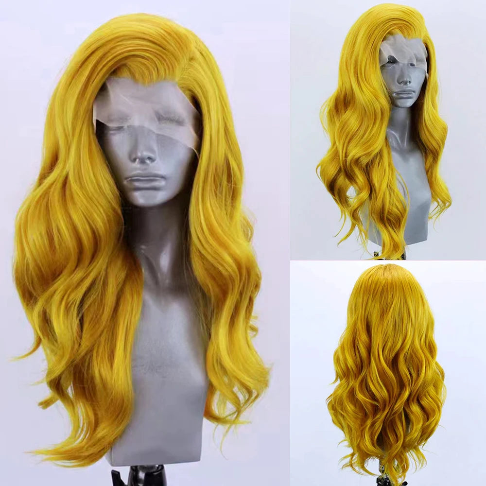 AIMEYA Yellow Loose Wave Wig Synthetic Lace Front Wig Natural Hairline Daily Use Cosplay Wig Heat Resistant Fiber Hair