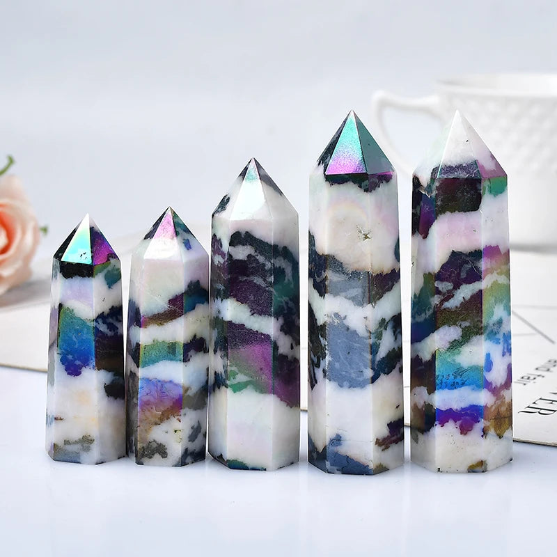 Zebra Quartz Crystal Wand | Natural Black & White Aura Stone Obelisk | Healing Crystal Point | Feng Shui Home Decor