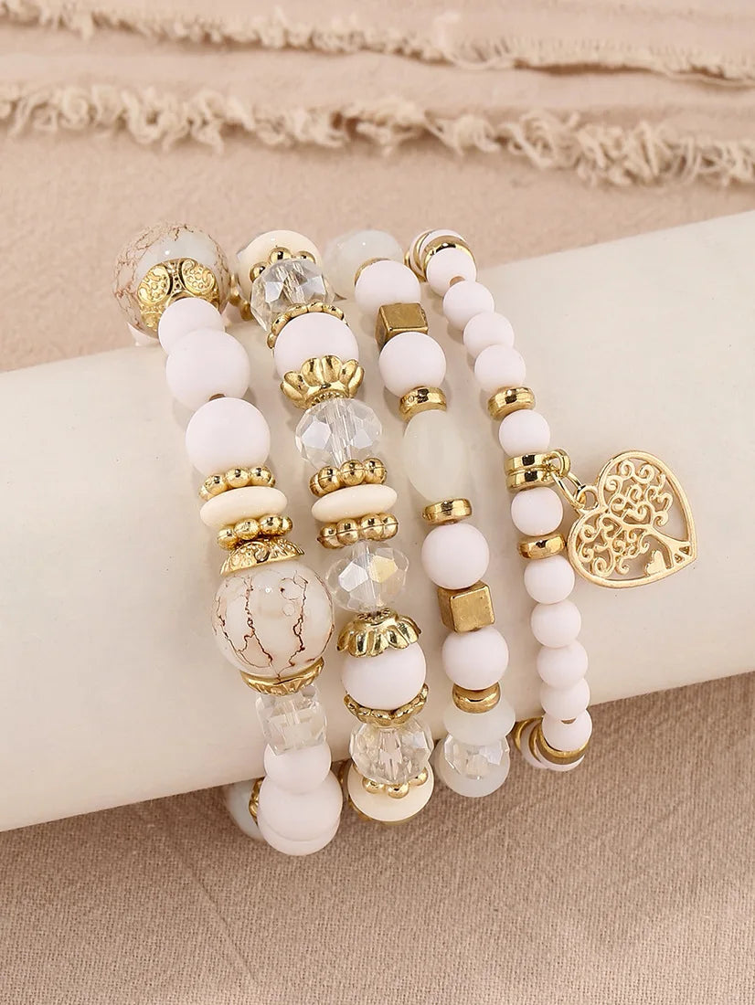 New Acrylic Beads Chain Bracelet Set For Women Tree Of Life Charm Elastic Bangle Female Bohemian Jewelry Accessories