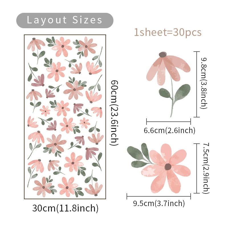 30pcs Boho Little Flower Wall Stickers | Removable PVC Floral Decals | Living Room Bedroom Nursery Home Decor