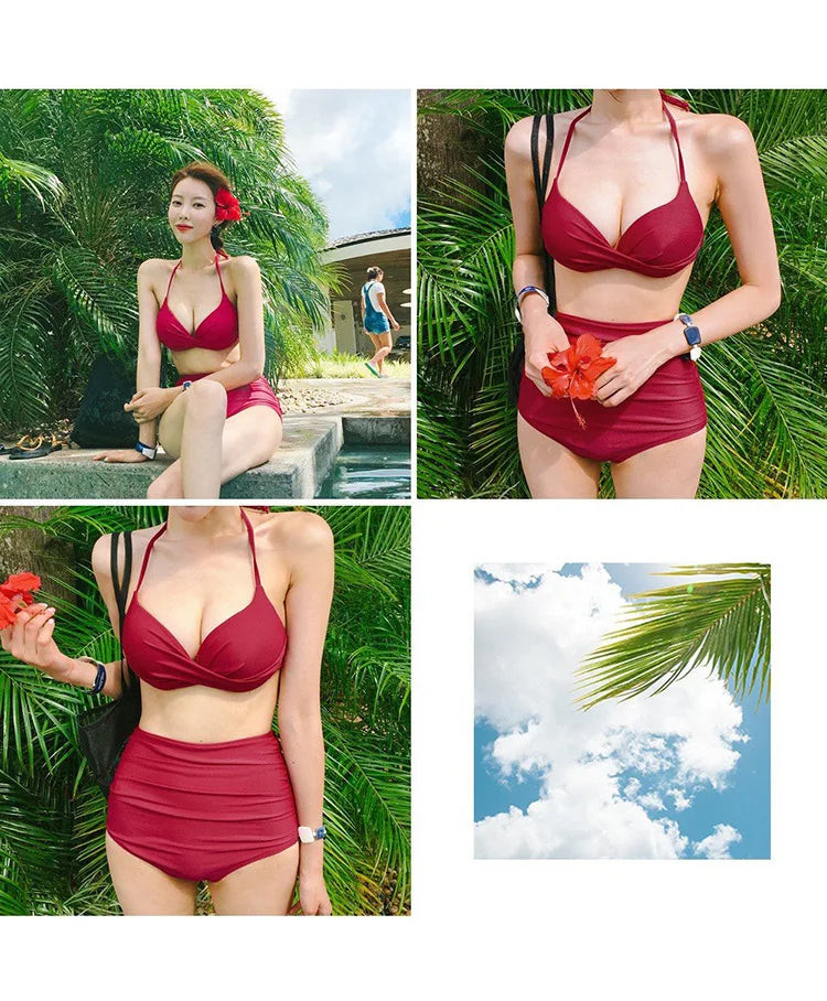 2024 Women's Swimwear Female Swimsuit Red Padded Triangle Bathing Suits Girls Korean High Waisted Bikini Set Beach Wear Swim