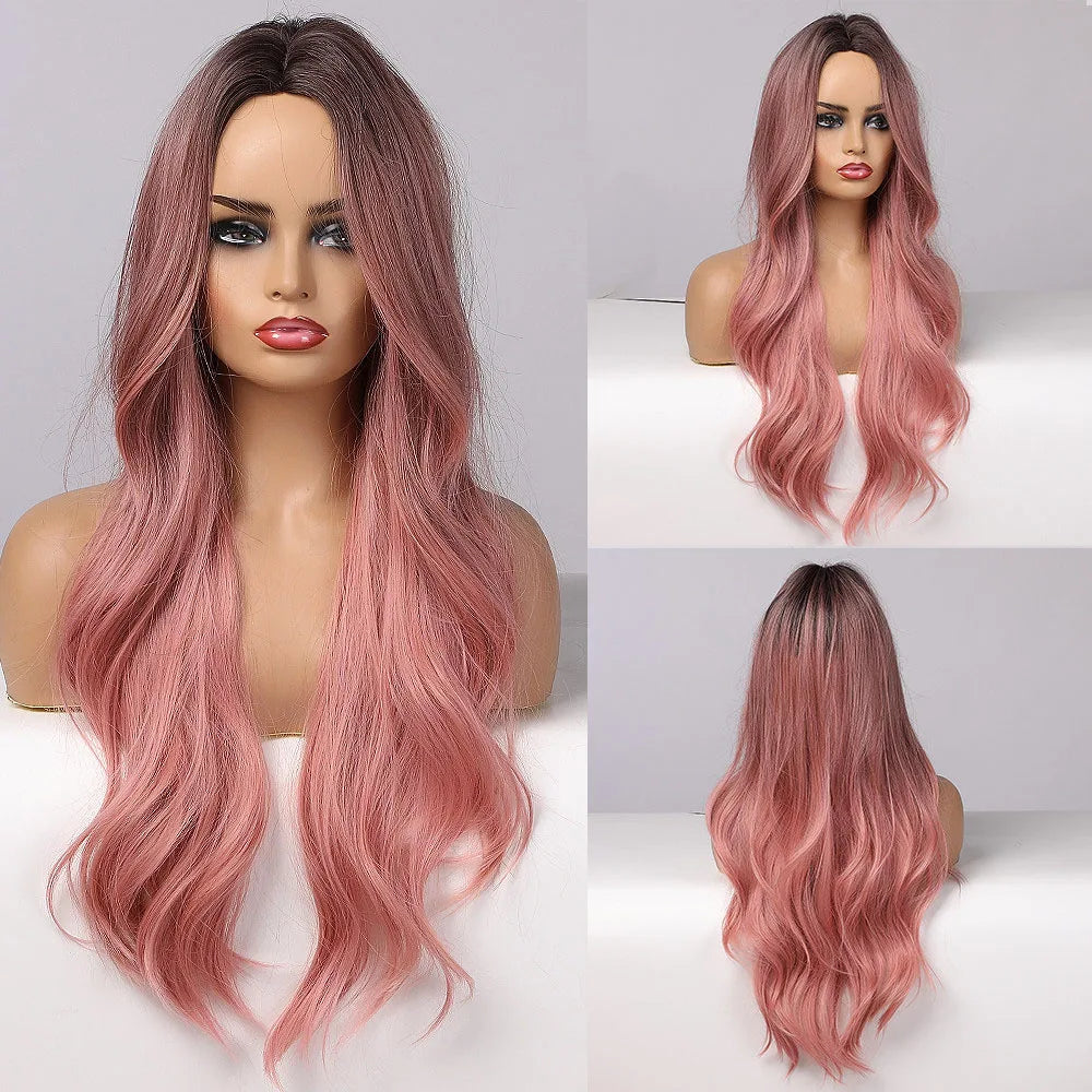 ALAN EATON Long Wavy Synthetic Wigs Ombre Black Pink Wigs for Women Cosplay Natural Middle Part Hair Wig High Temperature Fiber