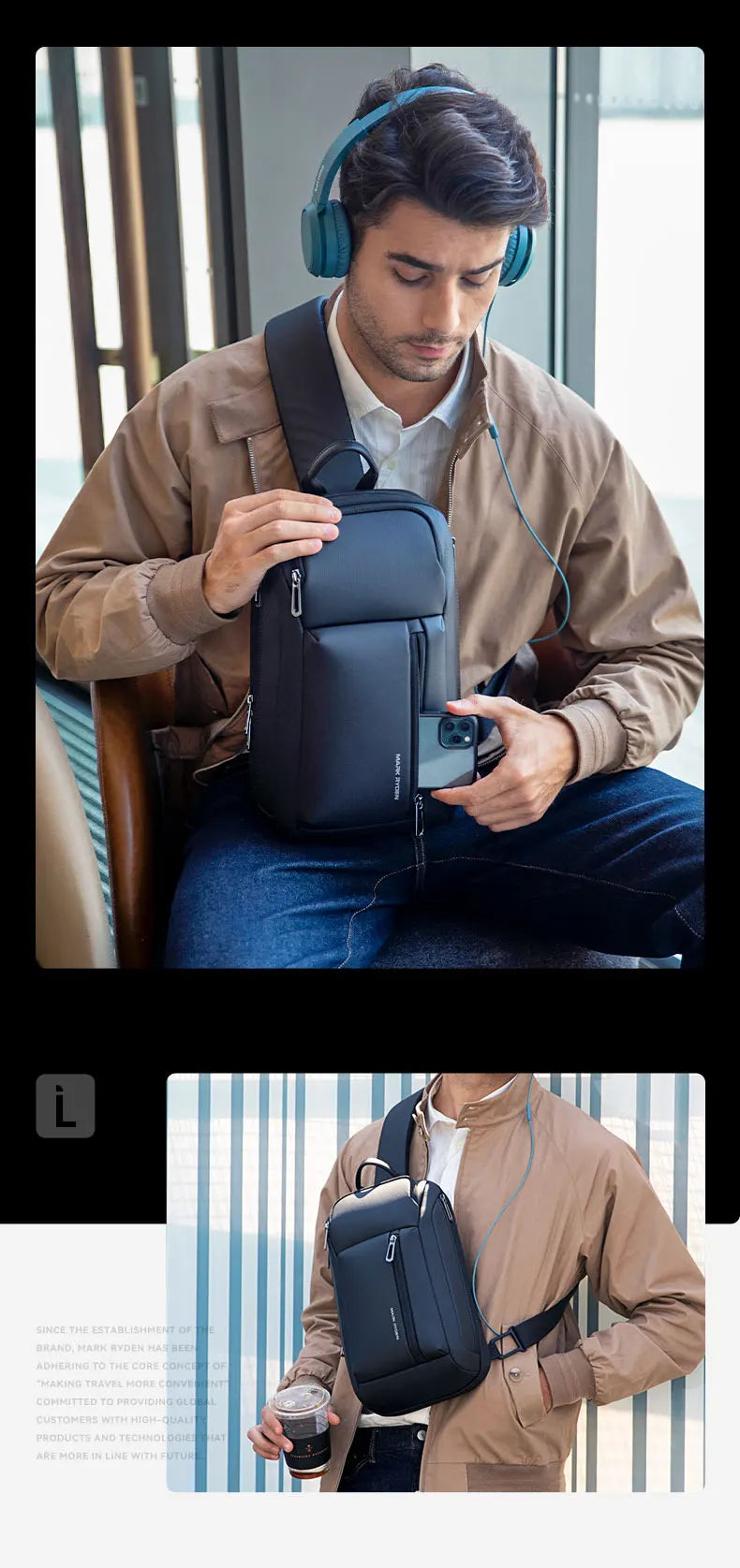 MarkRyden Colonne: Fashion Chest Bags Outdoor Leisure Waterproof Shoulder Crossbody Bag Large Space Chest Bag Men Sling Bag