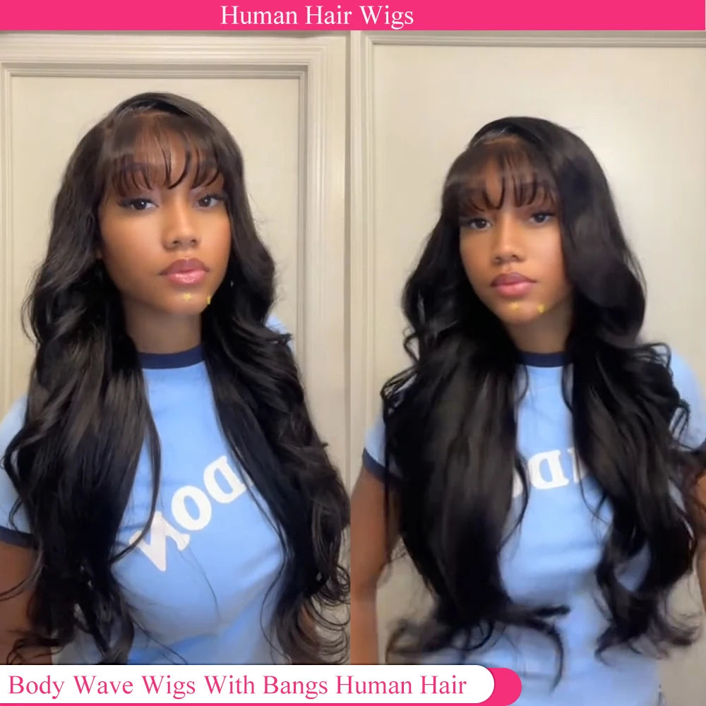 Human Hair Wigs with Bangs 36 Inches Full Machine Made Hair Glueless Wig With Drawstring Body Wave Glueless Wig Human Hair
