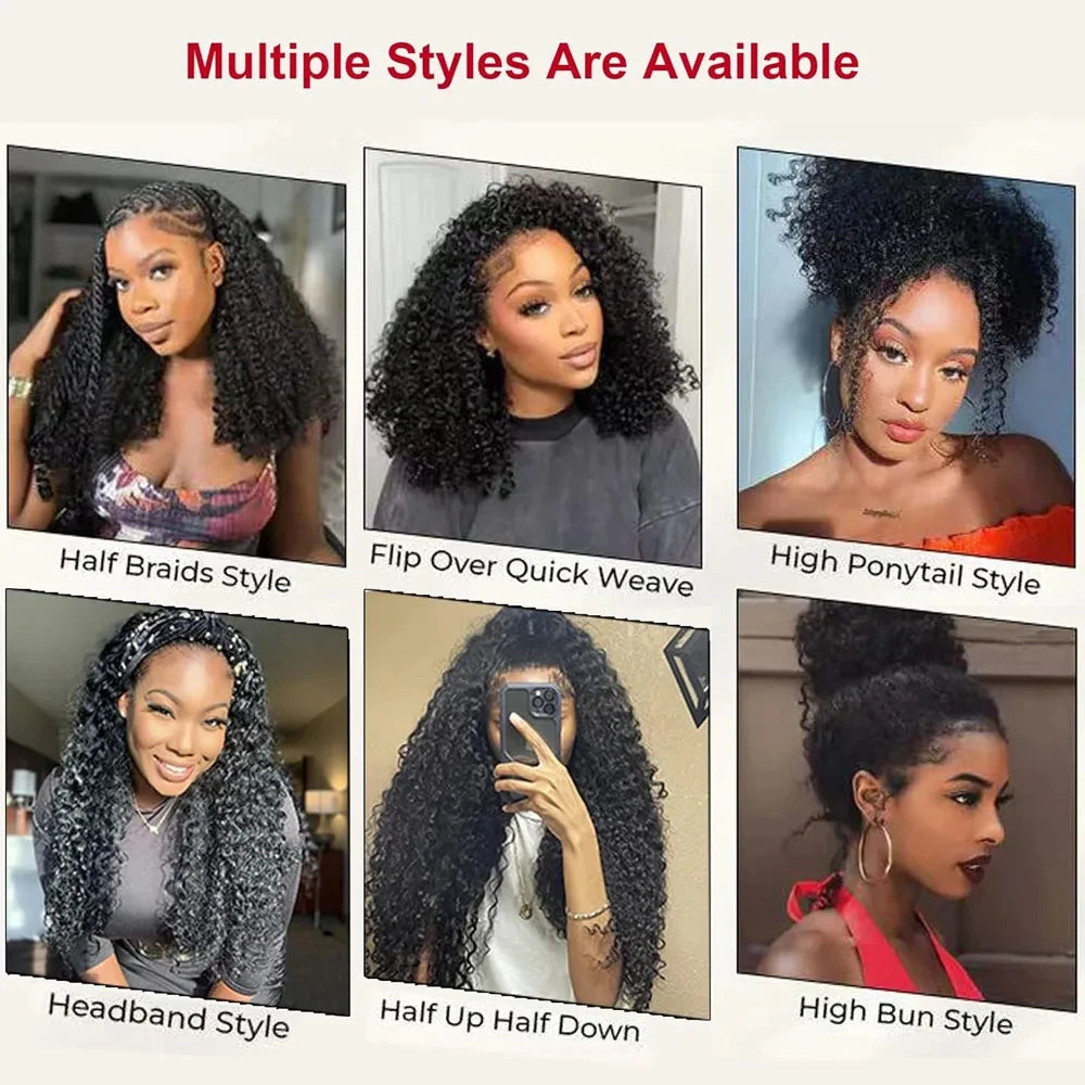 250% Density Deep Curly Half Wigs Human Hair Water Wave Wig Upgrade 3 IN 1 Half Wig With Drawstring Seamless Clip Ins Flip Over