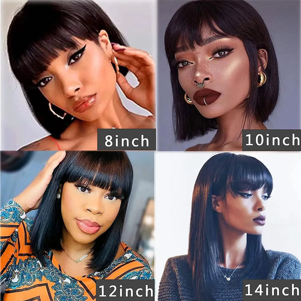 12A Malaysia Short Bob Wig With Bang Straight Bob Wig 100% Human Hair Wig Virgin Full Machine Made Wig For Women Cheap Bob Wigs