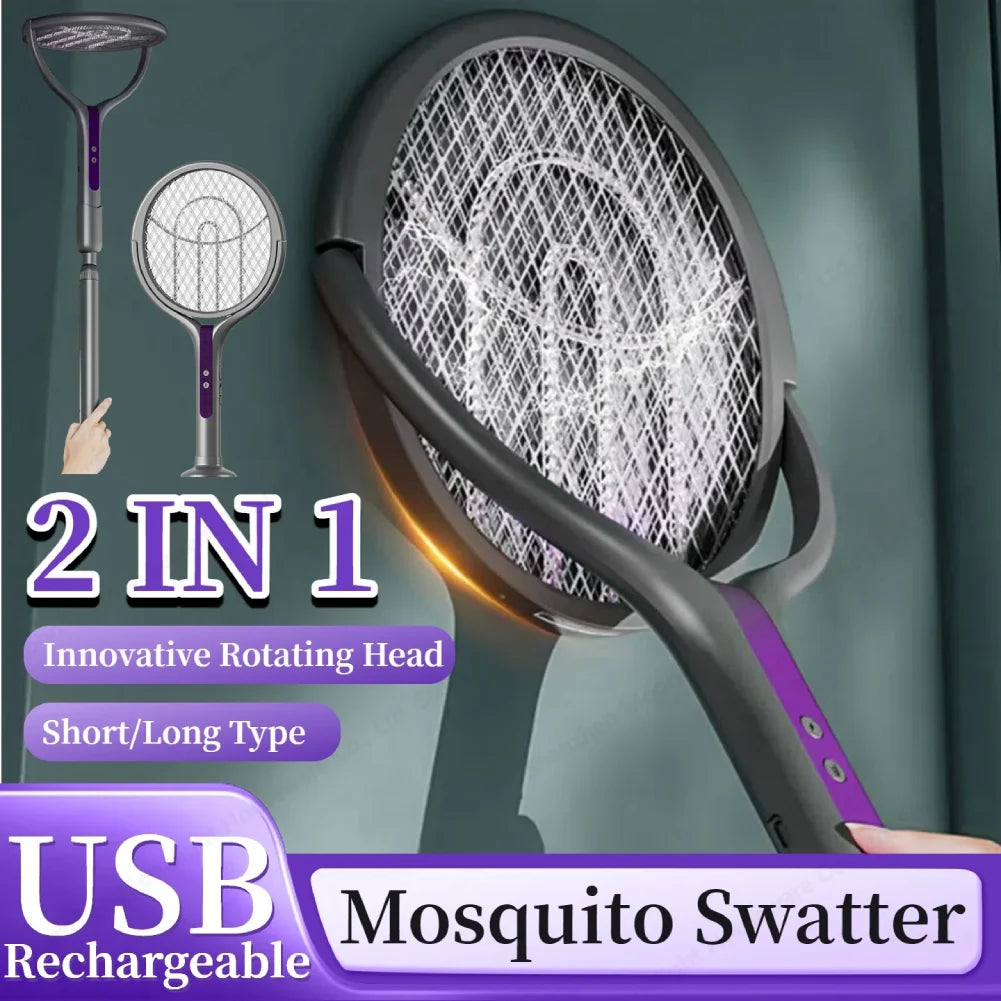 Rotating Head Electric Fly Swatter Rechargeable Fly Zapper 2 in 1 Fly Killer and Mosquito Trap Lamp for Indoor Outdoor