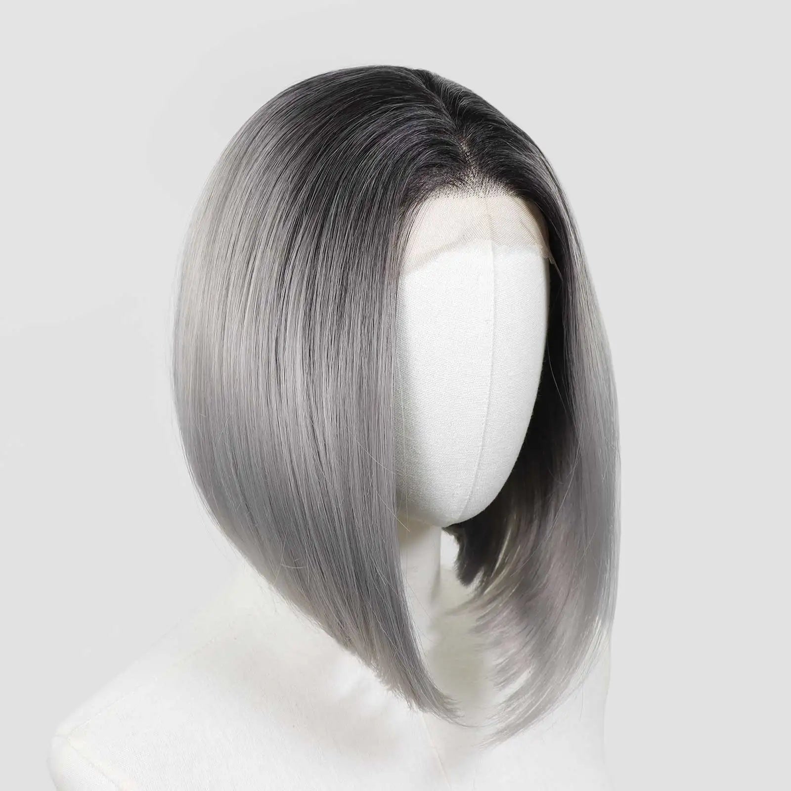 Ombre Blonde Highlight Short Bob Wigs Dark Roots Synthetic 13x4 Lace Front Brown Blonde Wig For Women Daily Use 150Density 12"