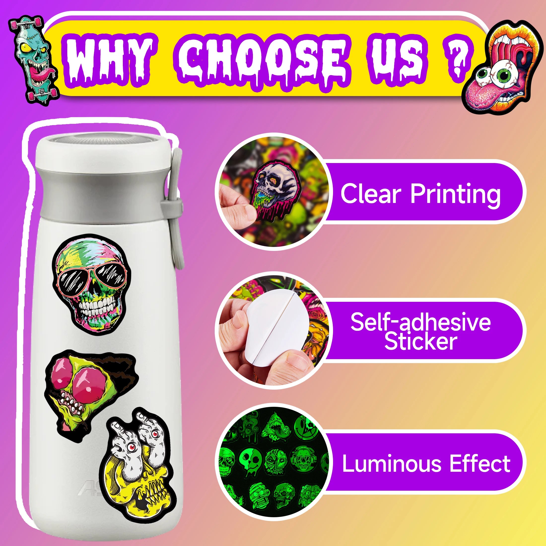 Glow in the Dark Skull Stickers | 52pcs Horror Luminous Waterproof Decals | Water Bottle, Wall Art & Home Decor