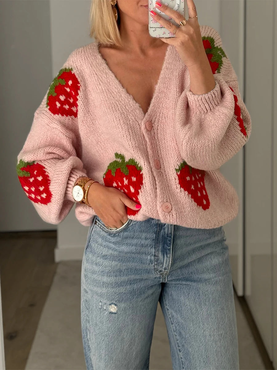 Women's Strawberry Knitted Cardigan – Button Closure Long Sleeve Fall Sweater Jacket