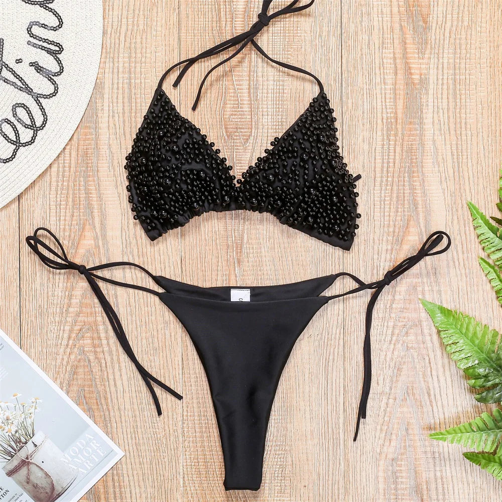 Pearl Bikini String Thong Swimsuit – Y2K Kawaii Two-Piece Swimwear