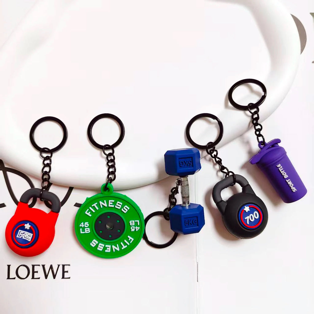 3D PVC Sports Fitness Pendant Mini Barbell Plates Keychain Kettlebells Water Cups Simulation Dumbbell Keyring Creative Bag Charm