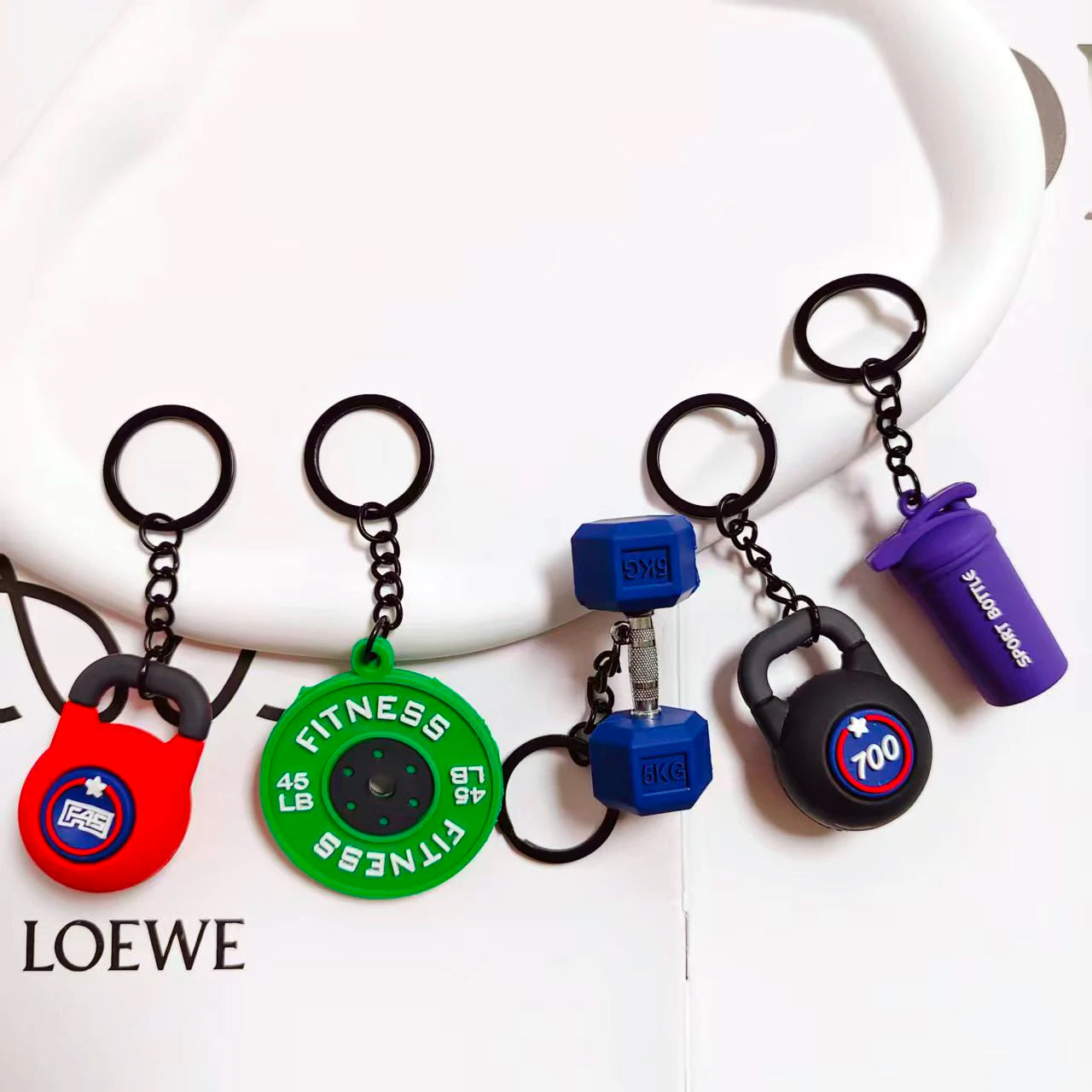 3D PVC Sports Fitness Pendant Mini Barbell Plates Keychain Kettlebells Water Cups Simulation Dumbbell Keyring Creative Bag Charm