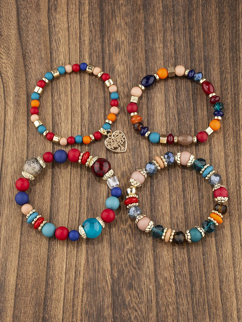 New Acrylic Beads Chain Bracelet Set For Women Tree Of Life Charm Elastic Bangle Female Bohemian Jewelry Accessories
