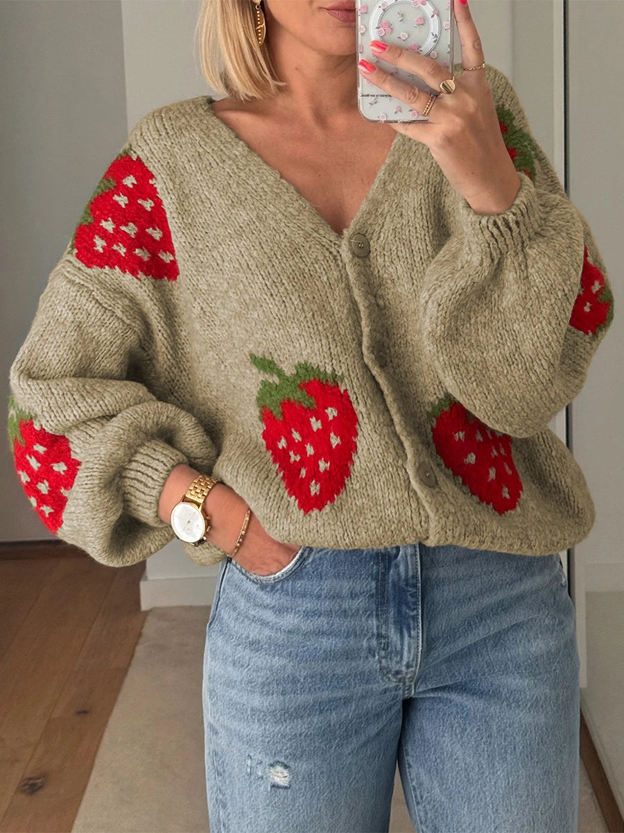 Women's Strawberry Knitted Cardigan – Button Closure Long Sleeve Fall Sweater Jacket