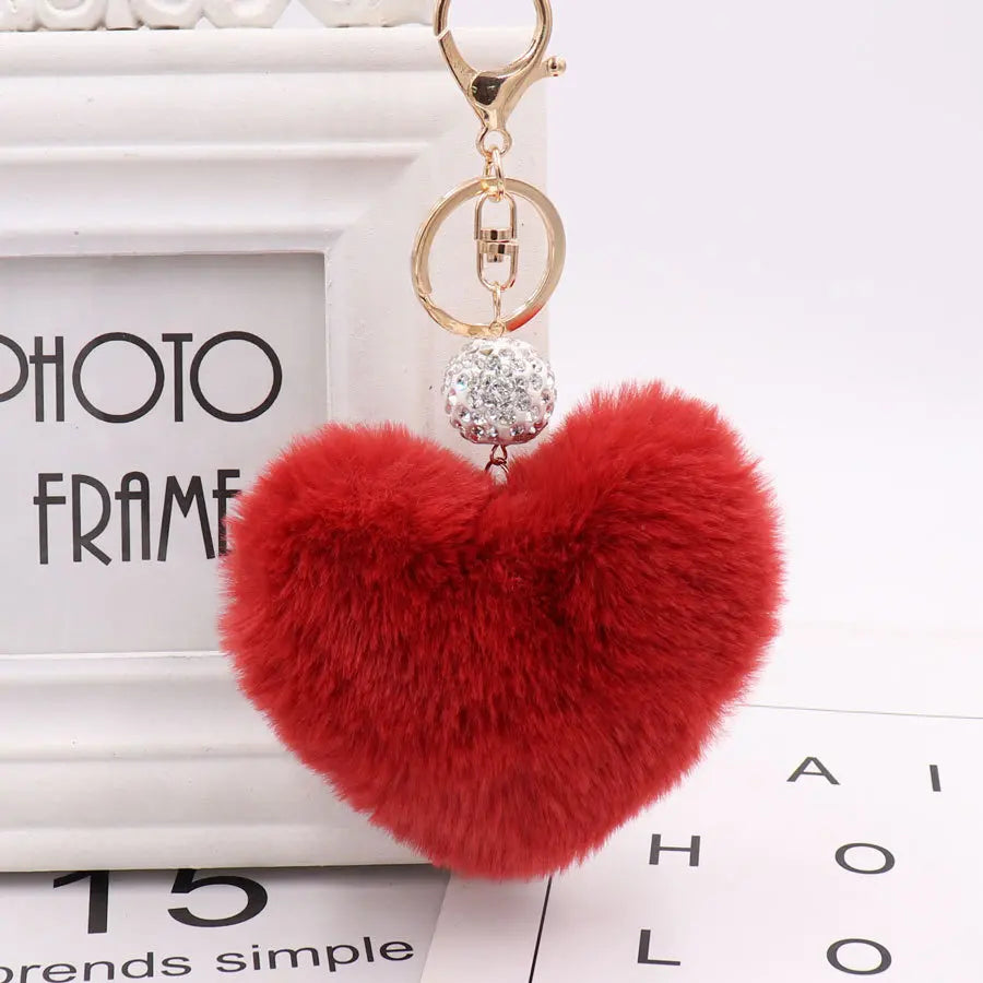 Soft Rabbit Fur Love Zircon Ball Charm Key Chain Jewelry for Women Colorful Love Key Ring Accessories Bags Keychains for Girls