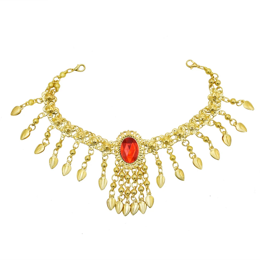 Indian Belly Dance Jewelry Set – Crystal Bell Tassel Necklace, Earrings, Bracelet & Hair Accessories