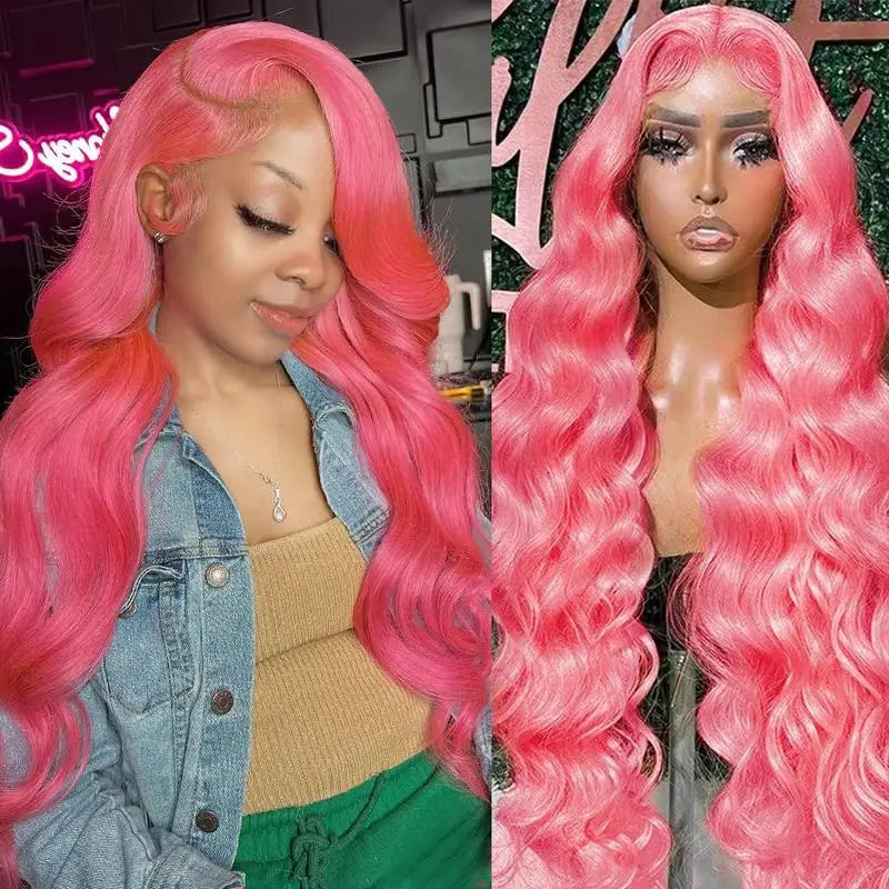 13x6 Pink Body Wave Lace Front Wigs For Women Long Wavy Hair Wig Soft Lace Wig With Natural Hairline Human Hair Party Cosplay