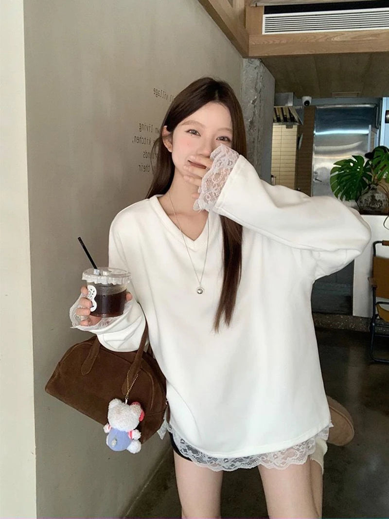 Chic Lace Patchwork Long Sleeve T Shirt Women Loose Warm White O Neck Tops Korean Fashion Office Ladies Casual V Neck Tees New