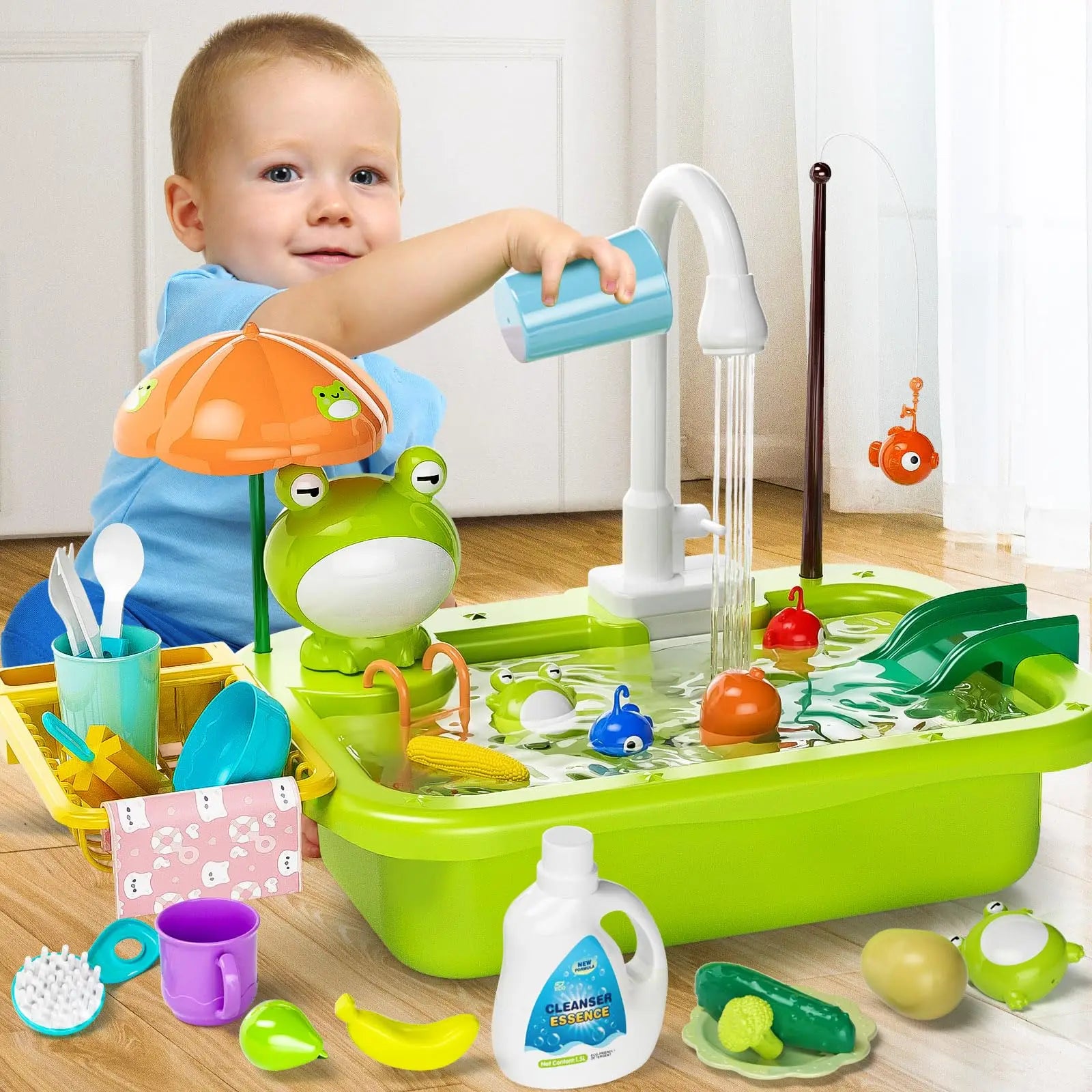 Kids Electric Kitchen Sink Toy – Pretend Play Dishwasher with Running Water & Fishing Game for Girls