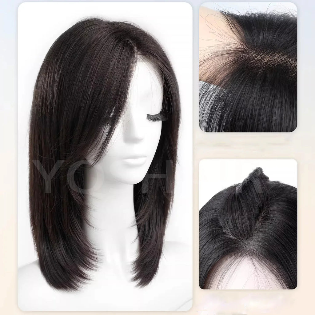 6x6inch Silk Base Topper with Air Bangs Virgin European Human Hair Wig for Women Silk Top with PU Front Glueless Soft Breathable