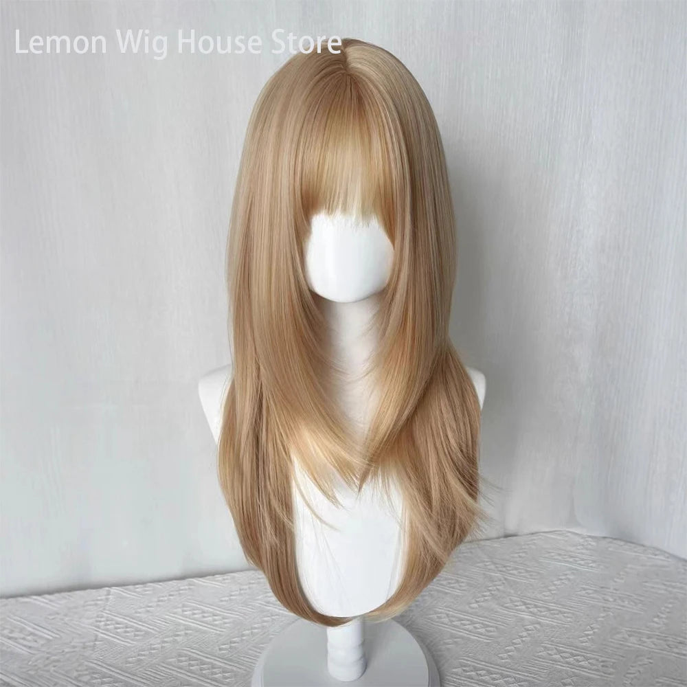 Flax Gold Synthetic Wig with Bangs Long Straight Hair High-Layered Lolita Wigs for Women's Daily Cosplay Wig Heat Resistant