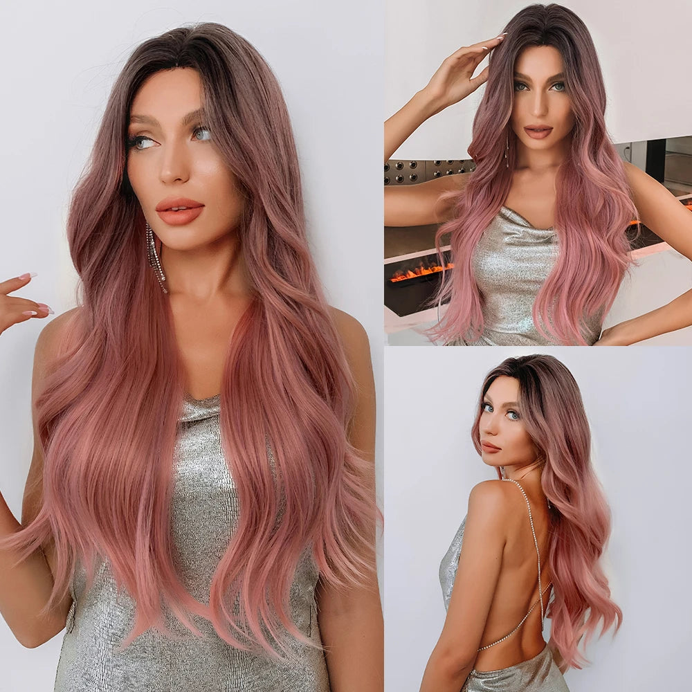 ALAN EATON Long Wavy Synthetic Wigs Ombre Black Pink Wigs for Women Cosplay Natural Middle Part Hair Wig High Temperature Fiber