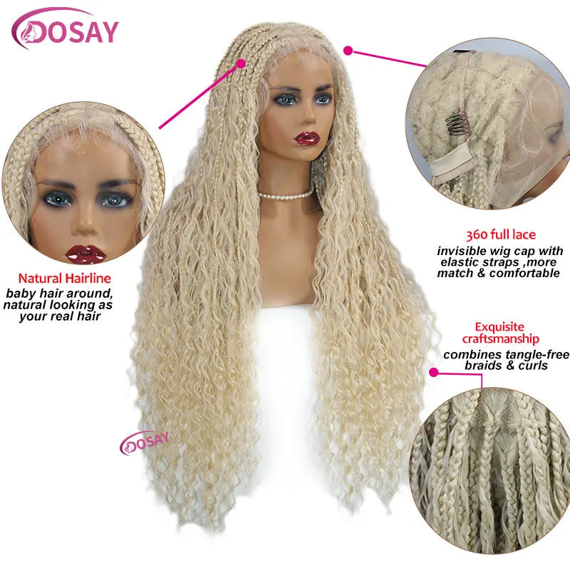 Blonde 613 Full Lace Front Synthetic Braided Wigs Boho Box Braids Wig 32'' Square Knotless Braided Wig With Curly Ends For Woman