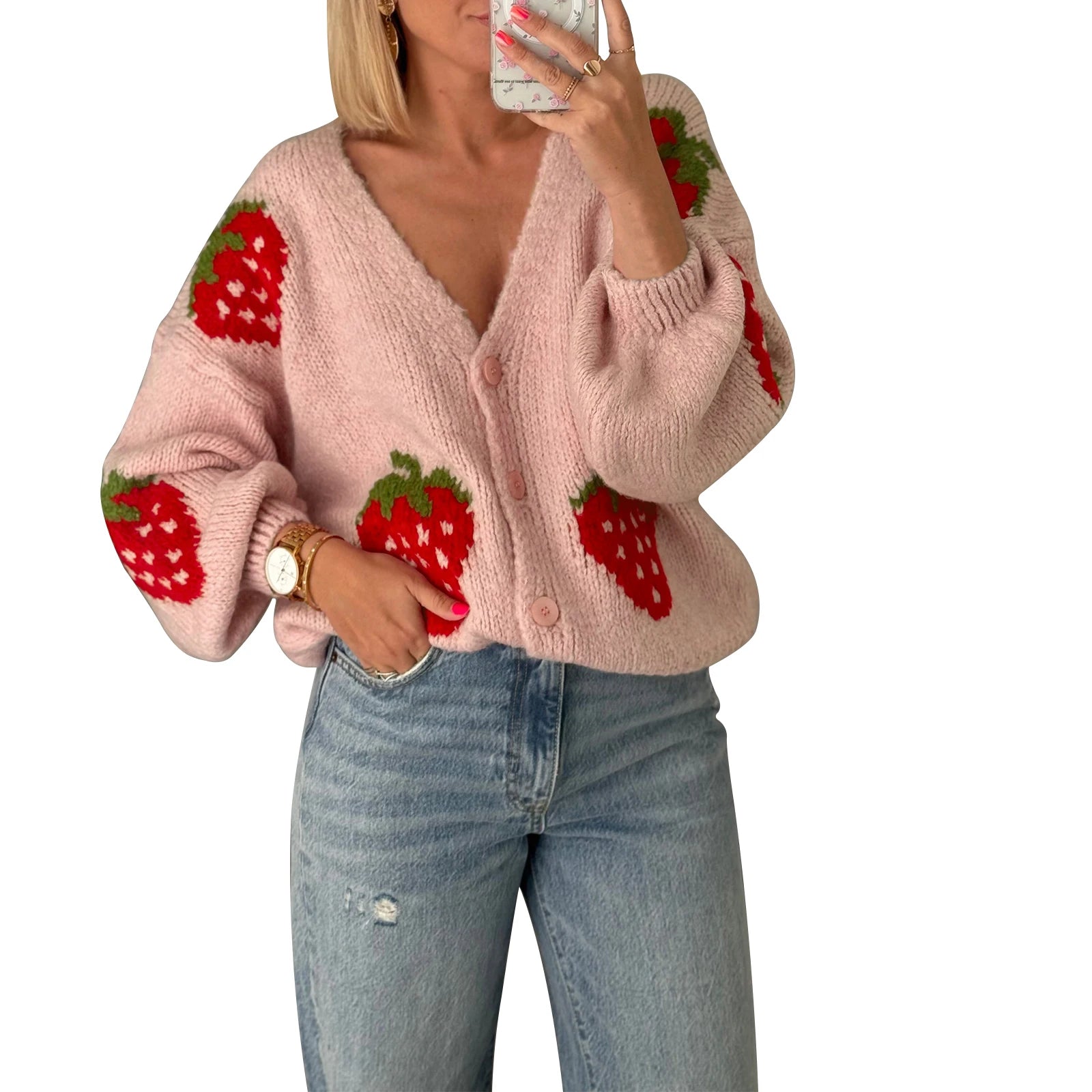 Women's Strawberry Knitted Cardigan – Button Closure Long Sleeve Fall Sweater Jacket