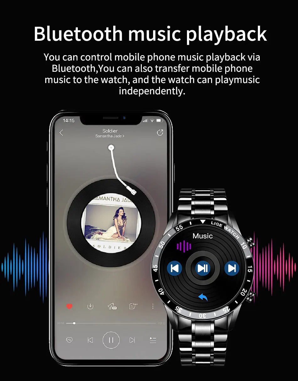 LIGE Men's Bluetooth Smartwatch – Full Touch Steel Sports Watch, IP67 Waterproof