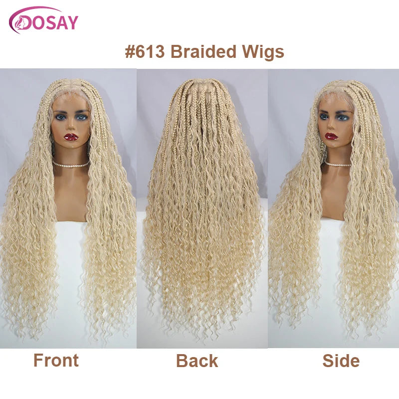 Blonde 613 Full Lace Front Synthetic Braided Wigs Boho Box Braids Wig 32'' Square Knotless Braided Wig With Curly Ends For Woman