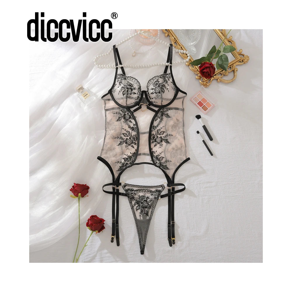 Embroidered Floral Lace Bodysuit Lingerie Set – Sexy Bra & Brief Underwear