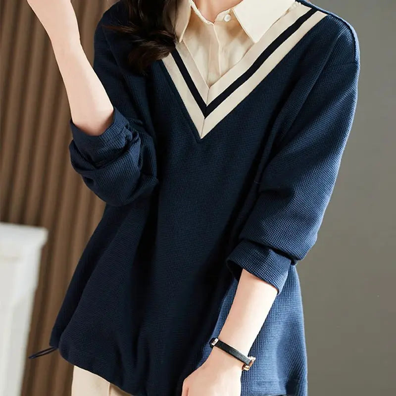 Women's Clothing 2022 Solid Loose T-Shirts Turn-down Collar Button Patchwork Autumn Winter Thin Preppy Style Casual Comfortable