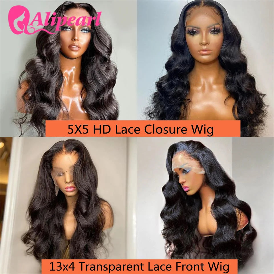 Ali Pearl Hair 13x4 Lace Frontal Wig Transparent Brazilian Body Wave 5x5 Closure Wig Pre Plucked Human Hair Wig 180 Density