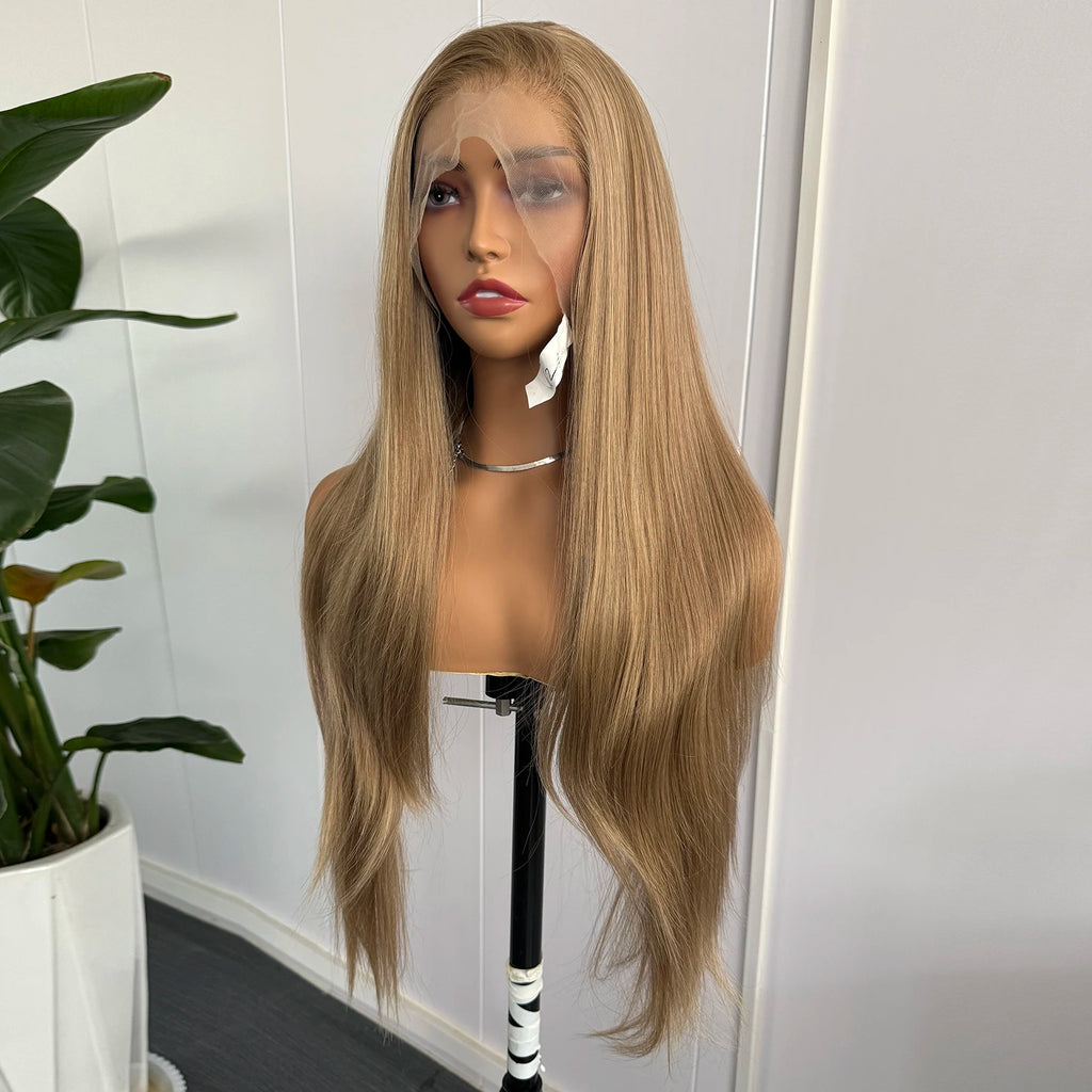 Blonde Highlights Lace Front Wig 13x4 Synthetic Long Silky Straight Wig for Women Mix Color Natural Looking Daily Wear Wigs