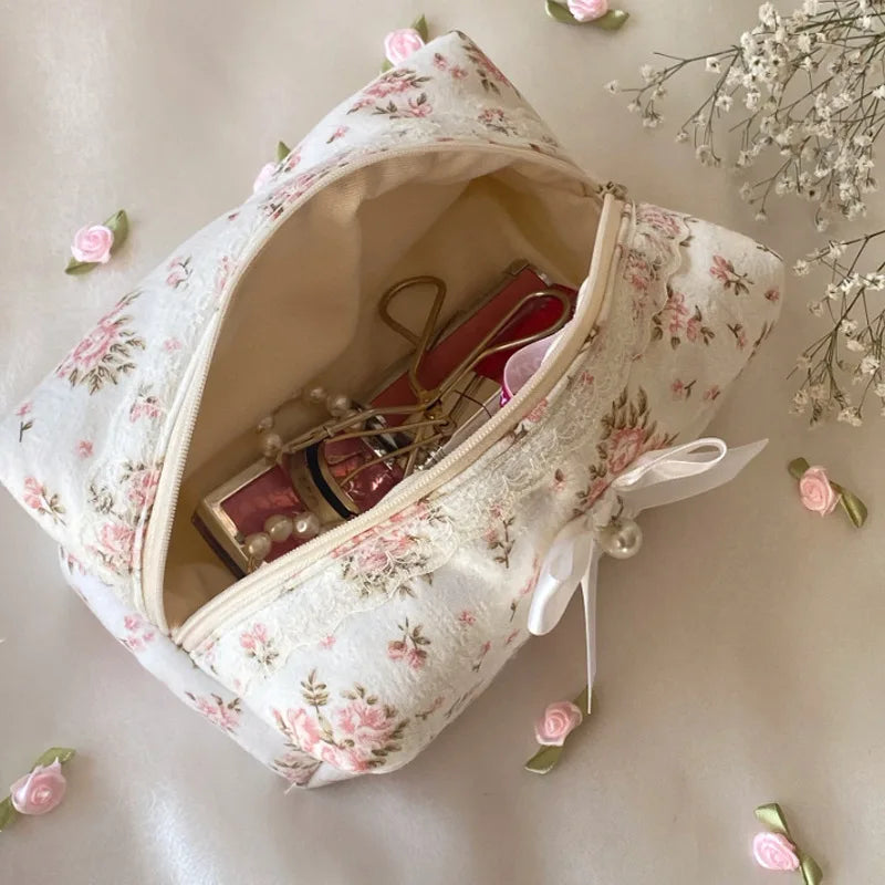 Women Lace Bow Cosmetic Bag Large Capacity Makeup Organizer Travel Toiletry Bag Storage Bag Zipper Ruffles Pencil Case